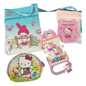 Hello Kitty & My Melody - Girls 4pc Crossbody, Mirror Compact w/Comb, Hair items